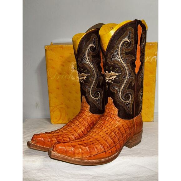 Cowboy Rodeo Boots Exotic Leather Orange Genuine Croc Tail Men’s 6